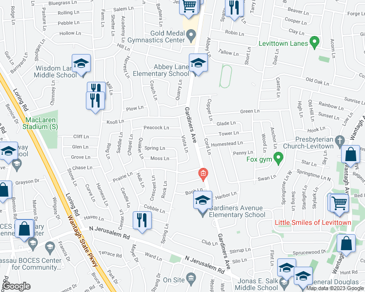 map of restaurants, bars, coffee shops, grocery stores, and more near 45 Vista Lane in Levittown