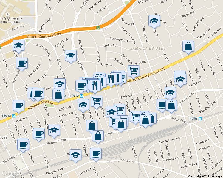 map of restaurants, bars, coffee shops, grocery stores, and more near 88-24 183rd Street in Queens