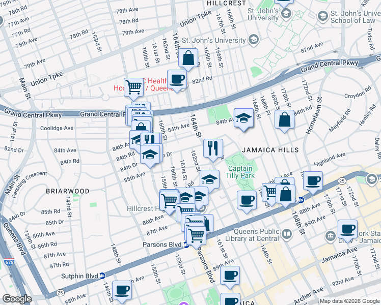 map of restaurants, bars, coffee shops, grocery stores, and more near 84-66 162nd Street in Queens