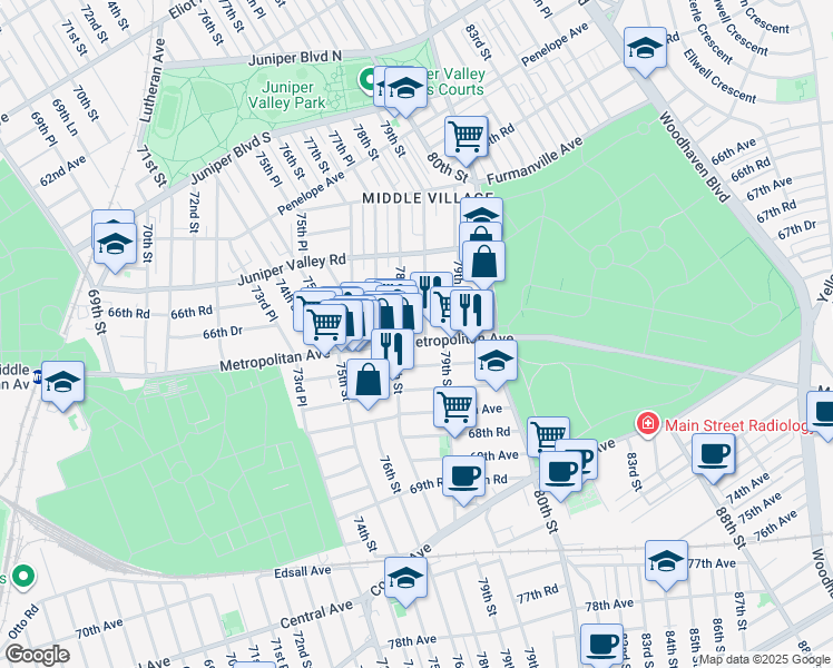 map of restaurants, bars, coffee shops, grocery stores, and more near 78-12 Metropolitan Avenue in Queens