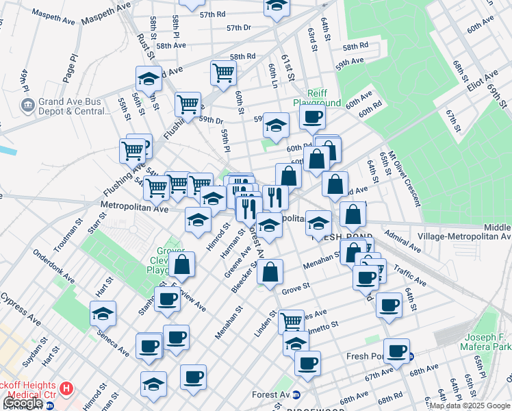map of restaurants, bars, coffee shops, grocery stores, and more near 60-09 Metropolitan Avenue in Queens