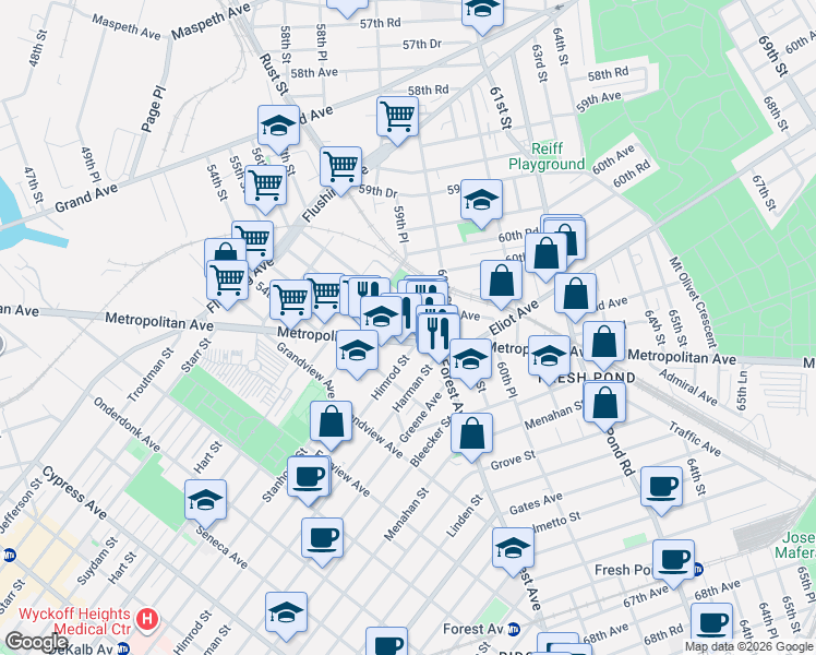 map of restaurants, bars, coffee shops, grocery stores, and more near in Queens