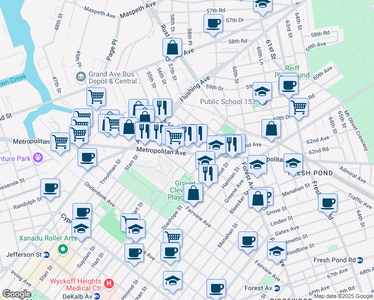 map of restaurants, bars, coffee shops, grocery stores, and more near 53-56 Metropolitan Avenue in Queens