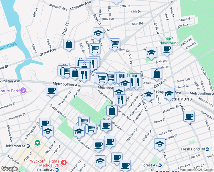 map of restaurants, bars, coffee shops, grocery stores, and more near 53-56 Metropolitan Avenue in Queens