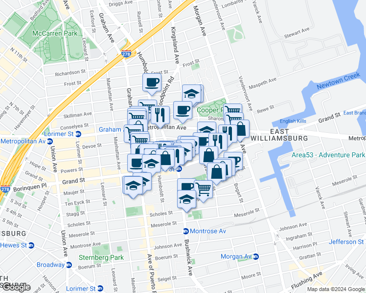 map of restaurants, bars, coffee shops, grocery stores, and more near 182 Powers Street in Brooklyn