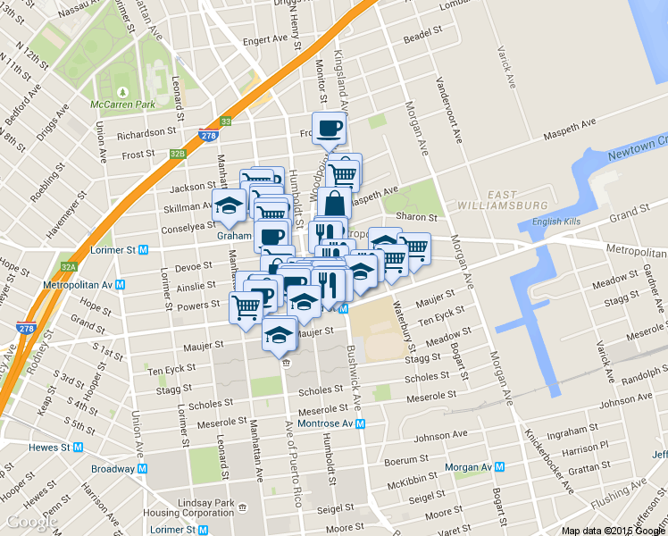 map of restaurants, bars, coffee shops, grocery stores, and more near 65 Bushwick Avenue in Brooklyn