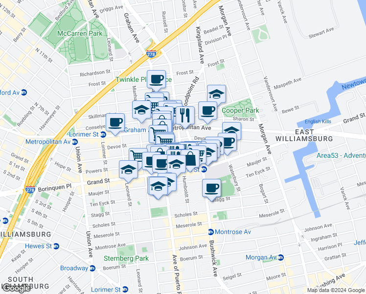 map of restaurants, bars, coffee shops, grocery stores, and more near in Brooklyn