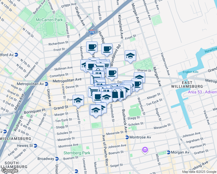 map of restaurants, bars, coffee shops, grocery stores, and more near 321A Humboldt Street in Brooklyn
