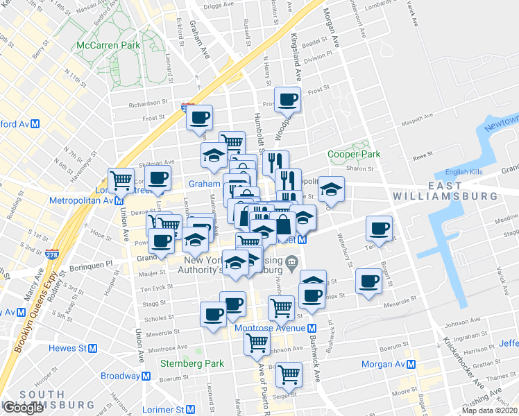 map of restaurants, bars, coffee shops, grocery stores, and more near 321A Humboldt Street in Brooklyn