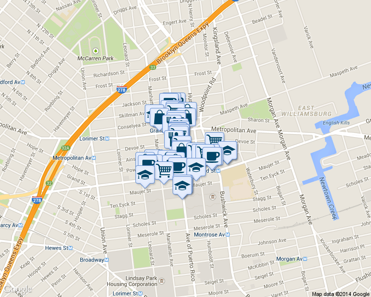 map of restaurants, bars, coffee shops, grocery stores, and more near 260 Ainslie Street in Brooklyn