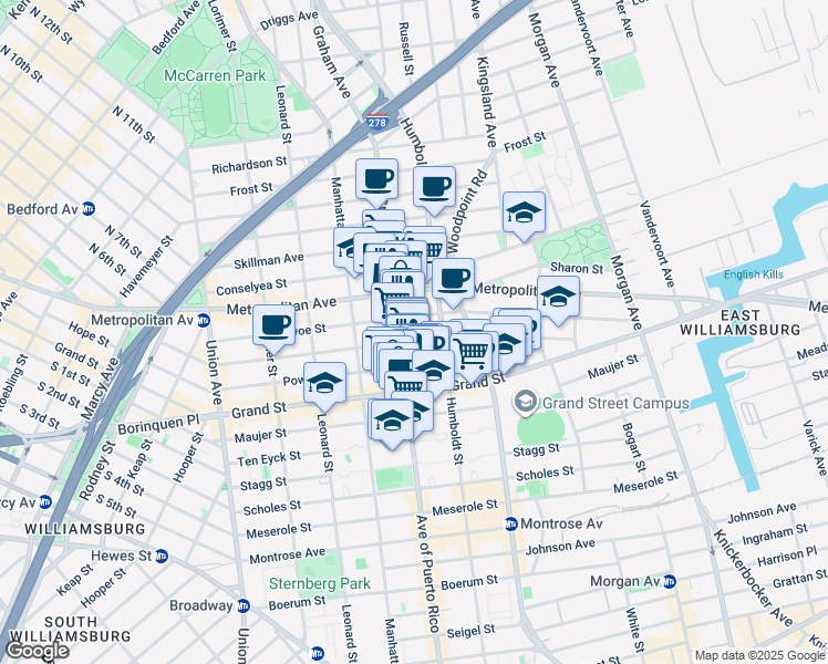 map of restaurants, bars, coffee shops, grocery stores, and more near 260 Ainslie Street in Brooklyn