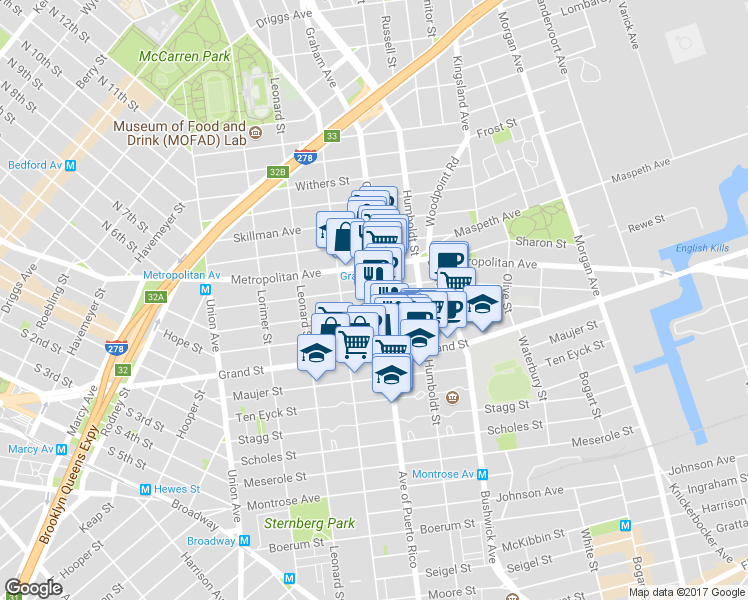 map of restaurants, bars, coffee shops, grocery stores, and more near 260 Ainslie Street in Brooklyn