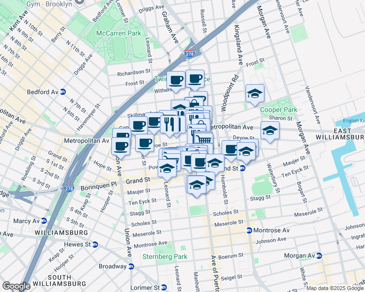 map of restaurants, bars, coffee shops, grocery stores, and more near 207 Ainslie Street in Brooklyn