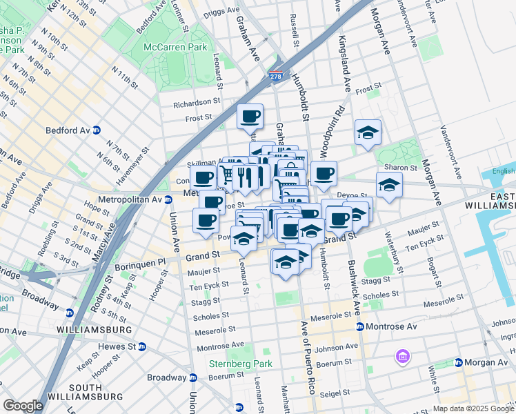 map of restaurants, bars, coffee shops, grocery stores, and more near 207 Ainslie Street in Brooklyn