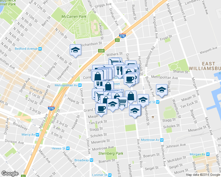 map of restaurants, bars, coffee shops, grocery stores, and more near 179 Ainslie Street in Brooklyn