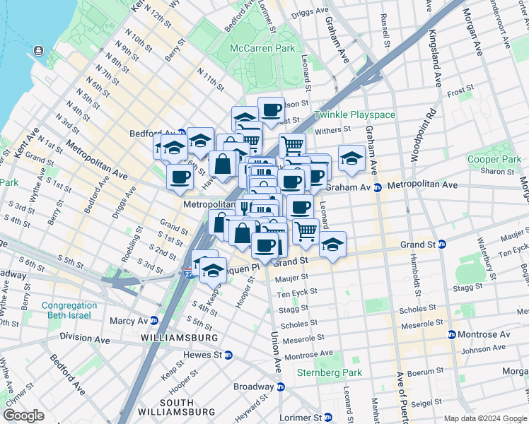 map of restaurants, bars, coffee shops, grocery stores, and more near 422 Union Avenue in Brooklyn