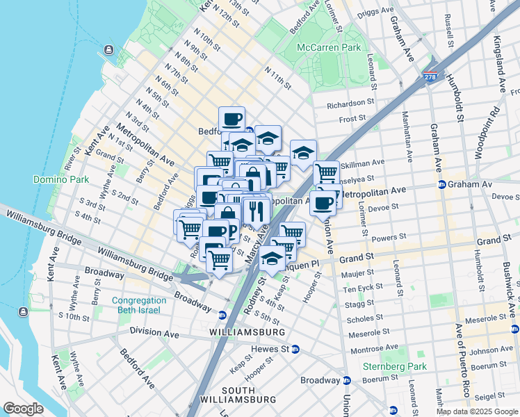 map of restaurants, bars, coffee shops, grocery stores, and more near 62 Hope Street in Brooklyn