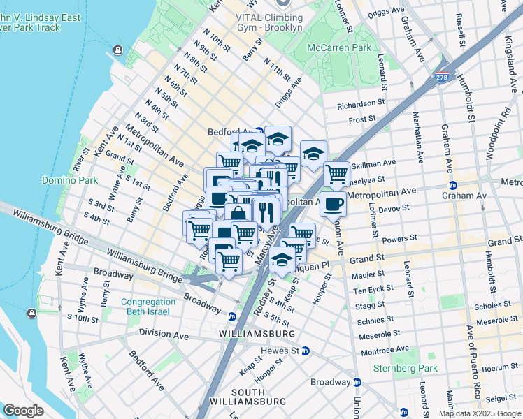 map of restaurants, bars, coffee shops, grocery stores, and more near 62 Hope Street in Brooklyn