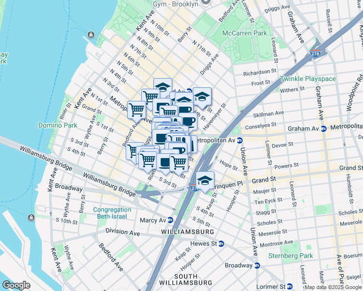 map of restaurants, bars, coffee shops, grocery stores, and more near 124-128 Havemeyer Street in Brooklyn