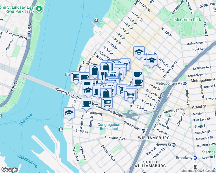 map of restaurants, bars, coffee shops, grocery stores, and more near 99 South 3rd Street in Brooklyn