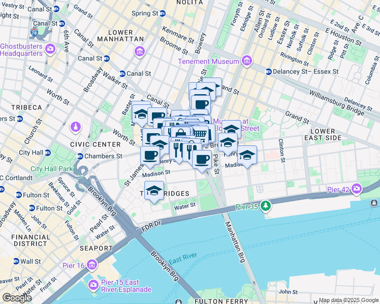 map of restaurants, bars, coffee shops, grocery stores, and more near 56 East Broadway in New York