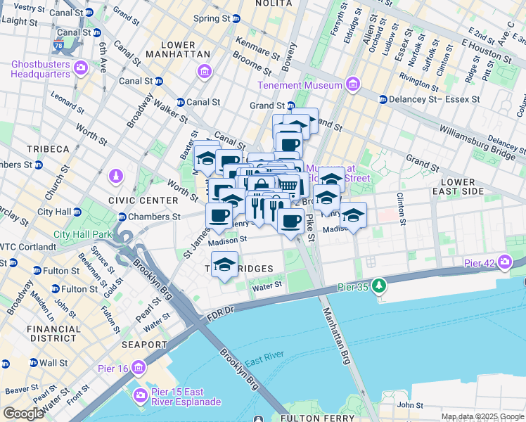 map of restaurants, bars, coffee shops, grocery stores, and more near 56 East Broadway in New York