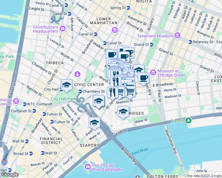 map of restaurants, bars, coffee shops, grocery stores, and more near 215 Park Row in New York