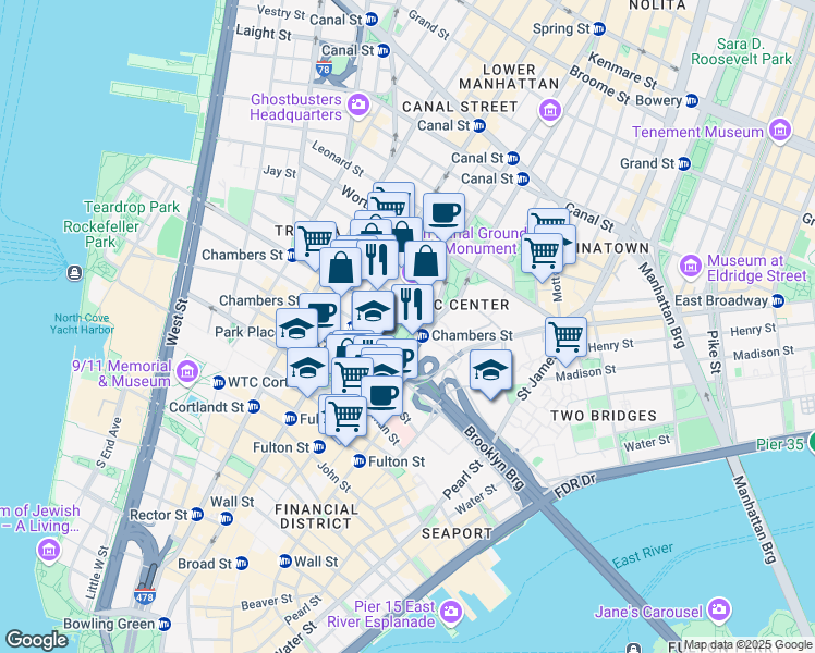 map of restaurants, bars, coffee shops, grocery stores, and more near in New York