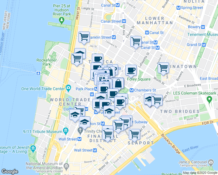 map of restaurants, bars, coffee shops, grocery stores, and more near 250 Broadway in New York