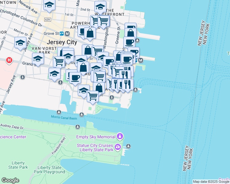 map of restaurants, bars, coffee shops, grocery stores, and more near 35 Hudson Street in Jersey City
