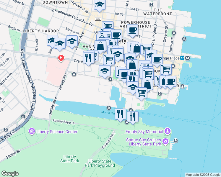 map of restaurants, bars, coffee shops, grocery stores, and more near 130 Marin Boulevard in Jersey City