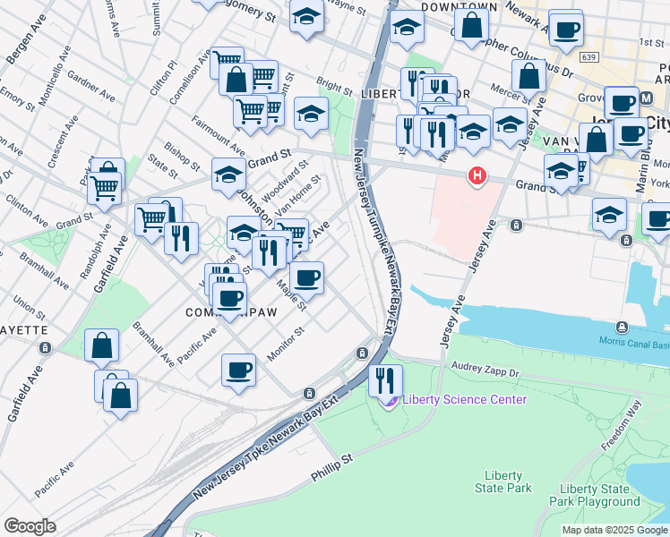 map of restaurants, bars, coffee shops, grocery stores, and more near 125 Monitor Street in Jersey City