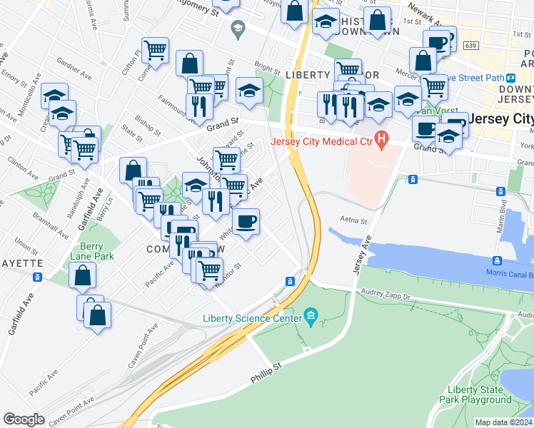 map of restaurants, bars, coffee shops, grocery stores, and more near 293 Pine Street in Jersey City