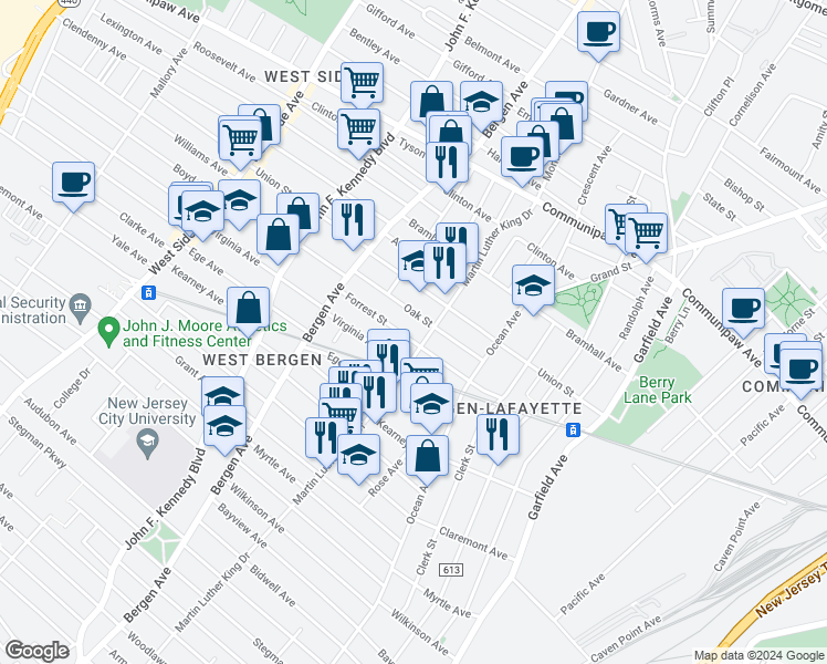 map of restaurants, bars, coffee shops, grocery stores, and more near 315 Forrest Street in Jersey City