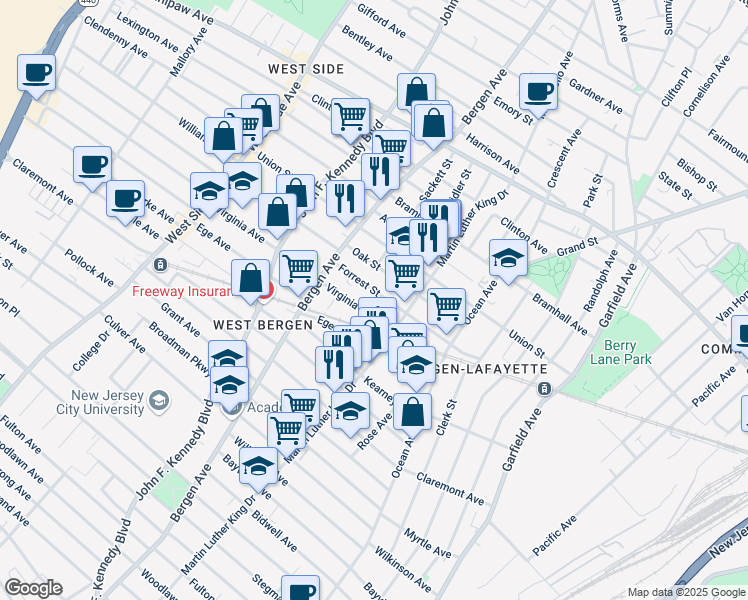 map of restaurants, bars, coffee shops, grocery stores, and more near 95 Virginia Avenue in Jersey City