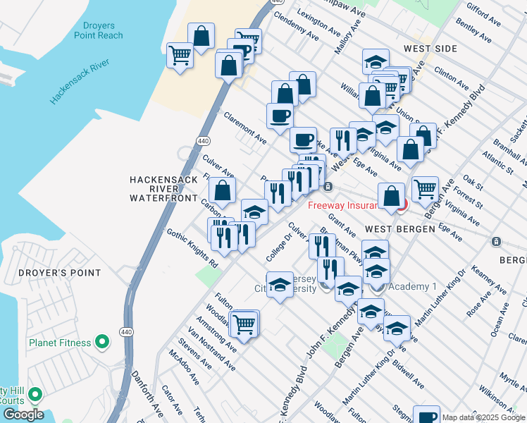 map of restaurants, bars, coffee shops, grocery stores, and more near 10 Fisk Street in Jersey City