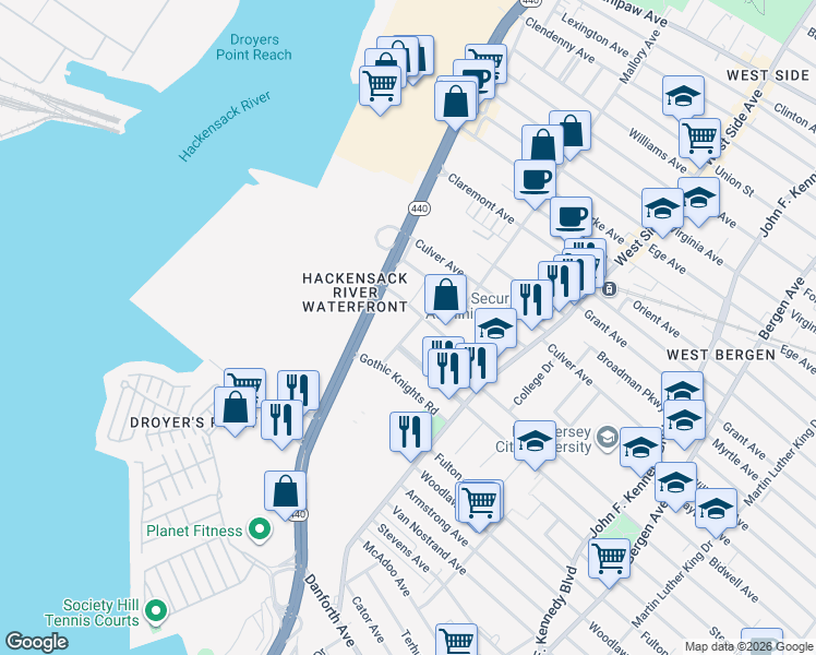 map of restaurants, bars, coffee shops, grocery stores, and more near Hernandez Way in Jersey City