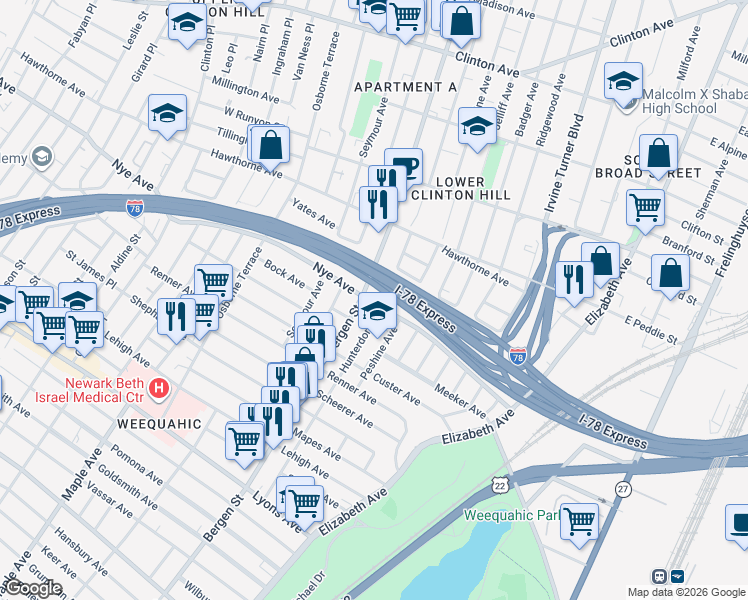 map of restaurants, bars, coffee shops, grocery stores, and more near in Newark