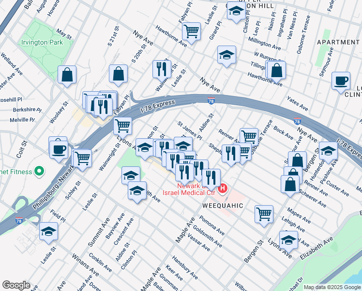 map of restaurants, bars, coffee shops, grocery stores, and more near 85 Aldine Street in Newark