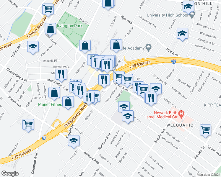 map of restaurants, bars, coffee shops, grocery stores, and more near 248 Schley Street in Newark