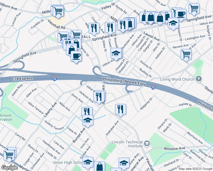 map of restaurants, bars, coffee shops, grocery stores, and more near 2602 Vauxhall Road in Union