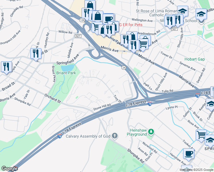 map of restaurants, bars, coffee shops, grocery stores, and more near 18 Troy Drive in Springfield