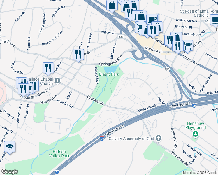 map of restaurants, bars, coffee shops, grocery stores, and more near 301 Shunpike Road in Springfield Township