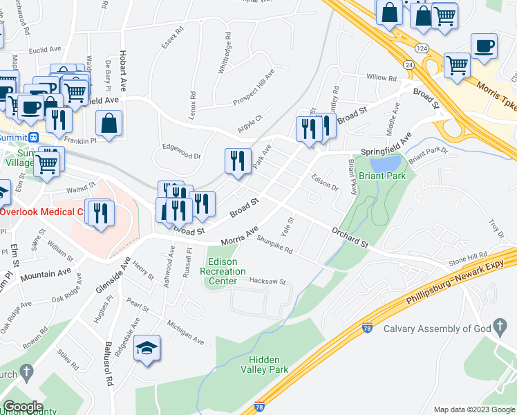map of restaurants, bars, coffee shops, grocery stores, and more near 59 Morris Avenue in Summit