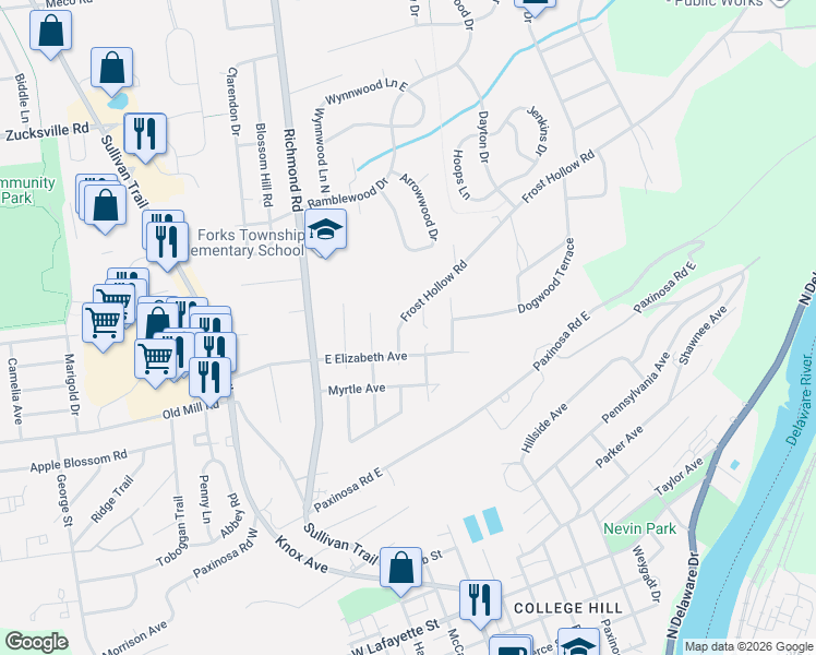 map of restaurants, bars, coffee shops, grocery stores, and more near 1506 Johnson Street in Easton