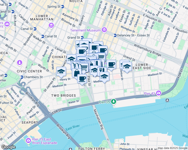 map of restaurants, bars, coffee shops, grocery stores, and more near 117 Henry Street in New York