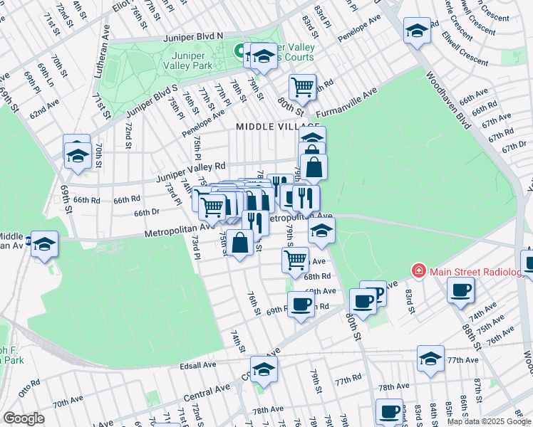 map of restaurants, bars, coffee shops, grocery stores, and more near 78-12 Metropolitan Avenue in Queens
