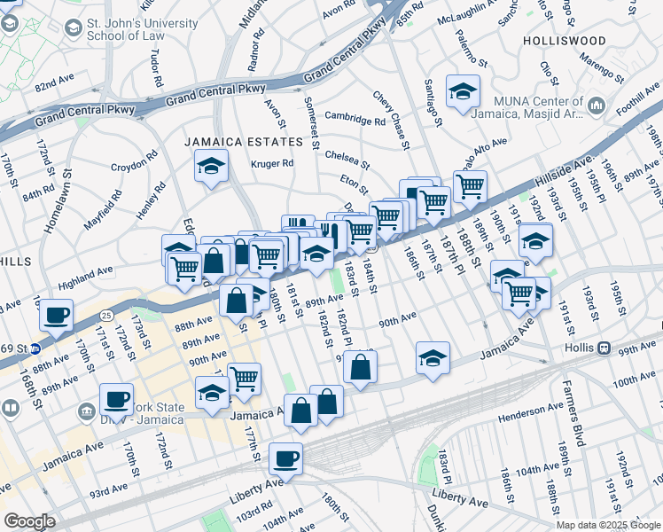 map of restaurants, bars, coffee shops, grocery stores, and more near 88-24 183rd Street in Queens