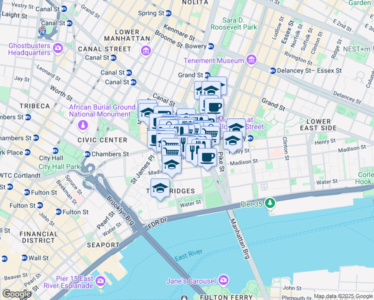 map of restaurants, bars, coffee shops, grocery stores, and more near 56 East Broadway in New York