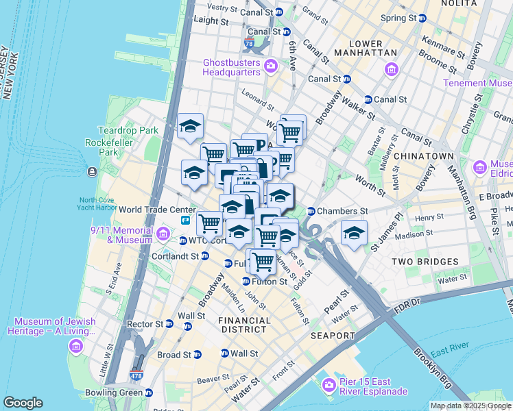 map of restaurants, bars, coffee shops, grocery stores, and more near 253 Broadway in New York